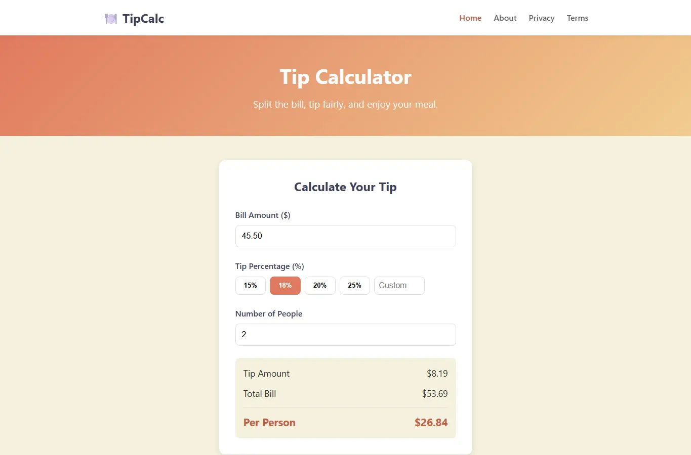 Screenshot of Tip Calculator interface showing the project page in use